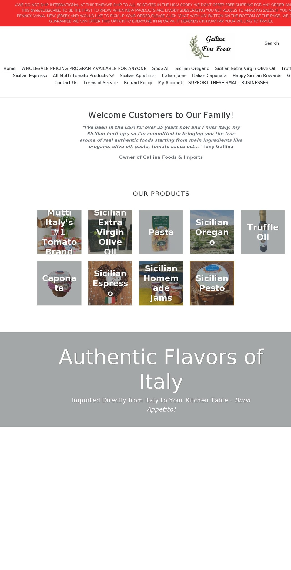 gallinafinefoods.com shopify website screenshot