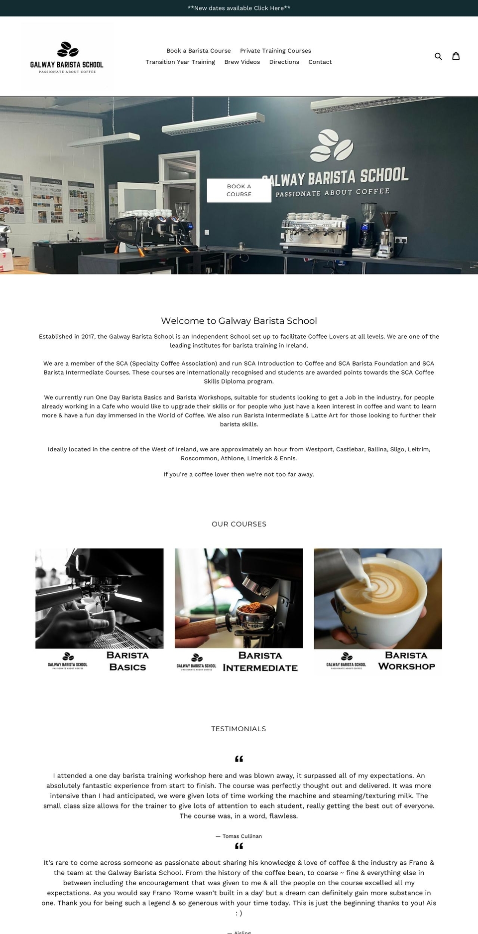 galwaybaristaschool.ie shopify website screenshot