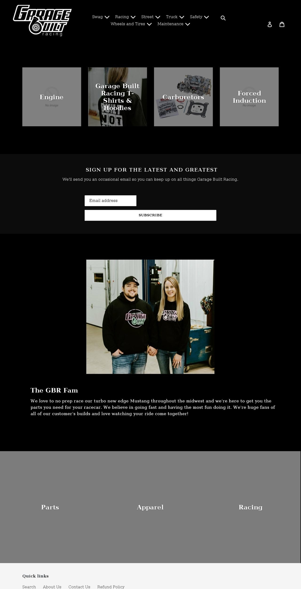 garagebuiltracing.com shopify website screenshot