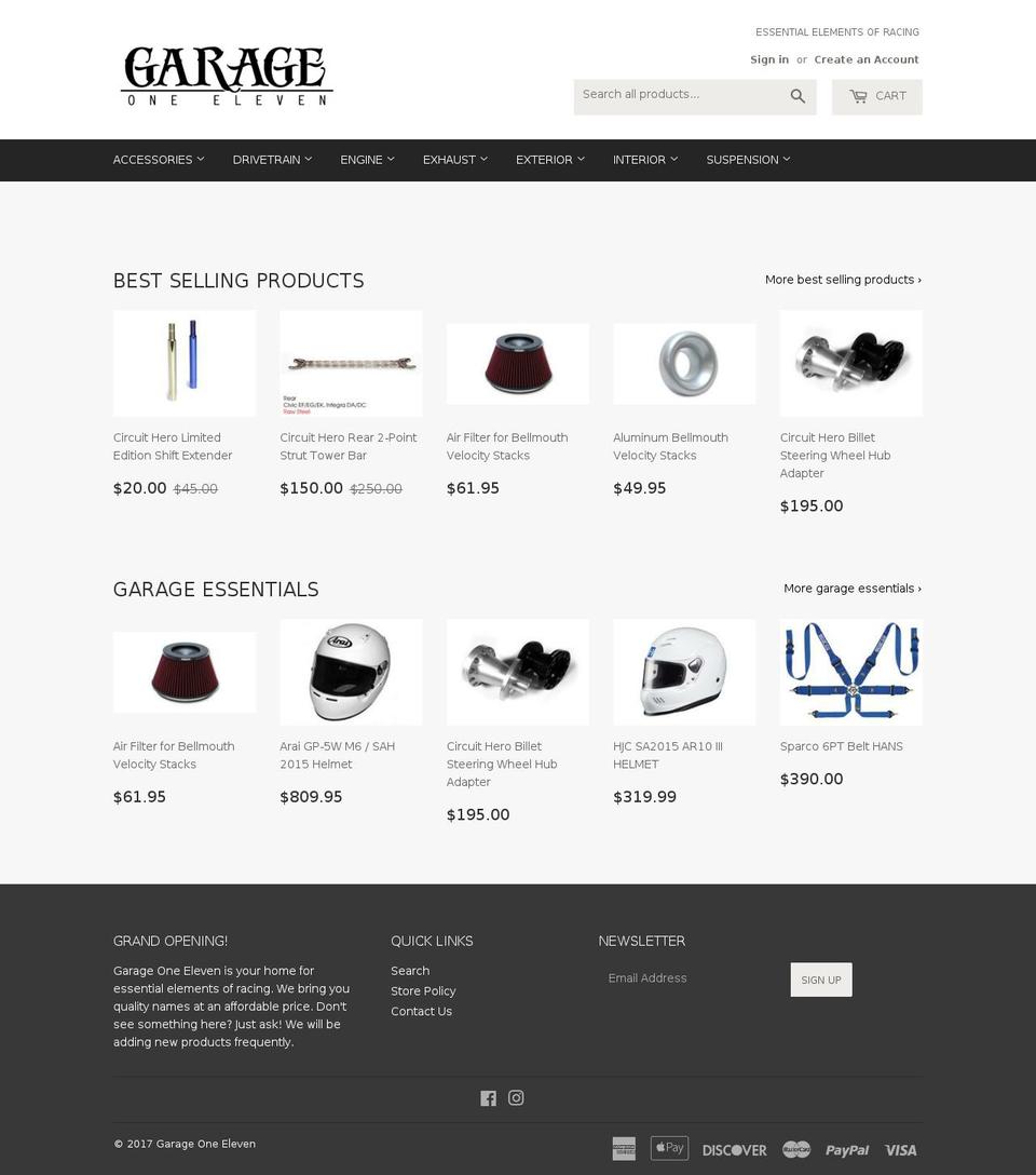 garageoneeleven.com shopify website screenshot