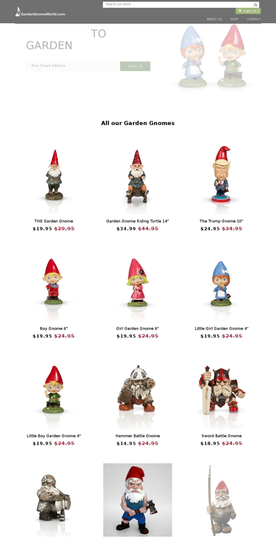 gardengnomeworld.com shopify website screenshot