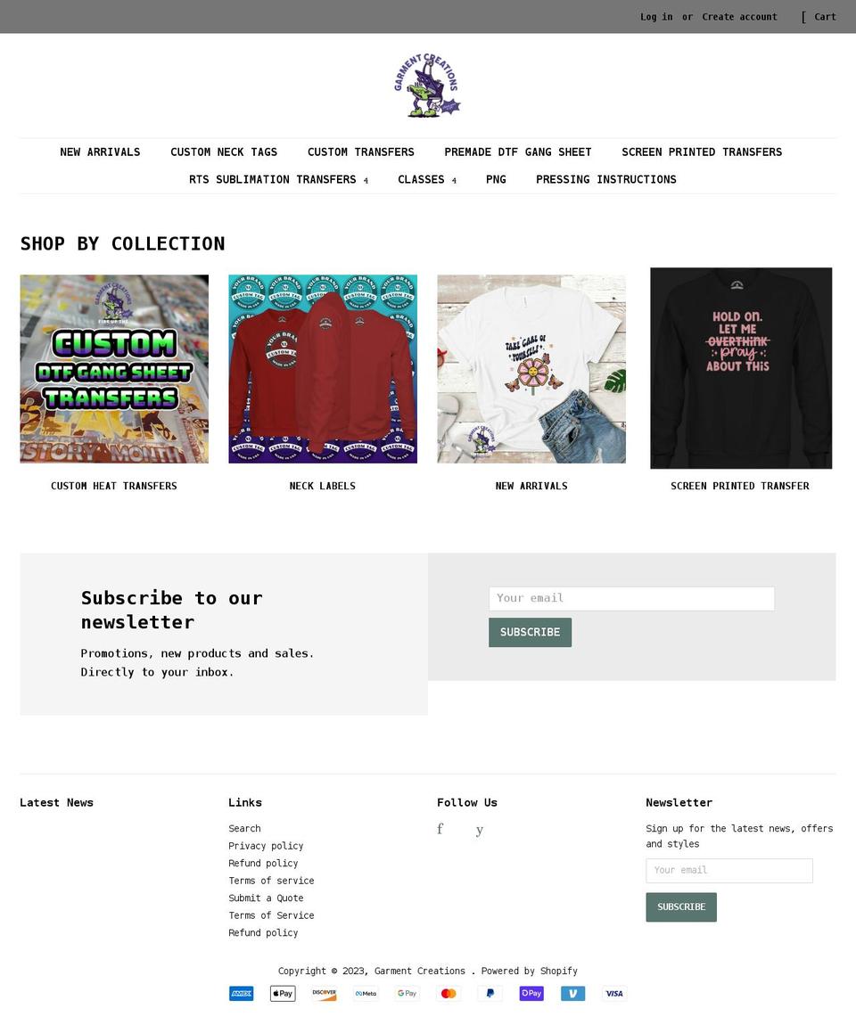 garmentcreations.com shopify website screenshot