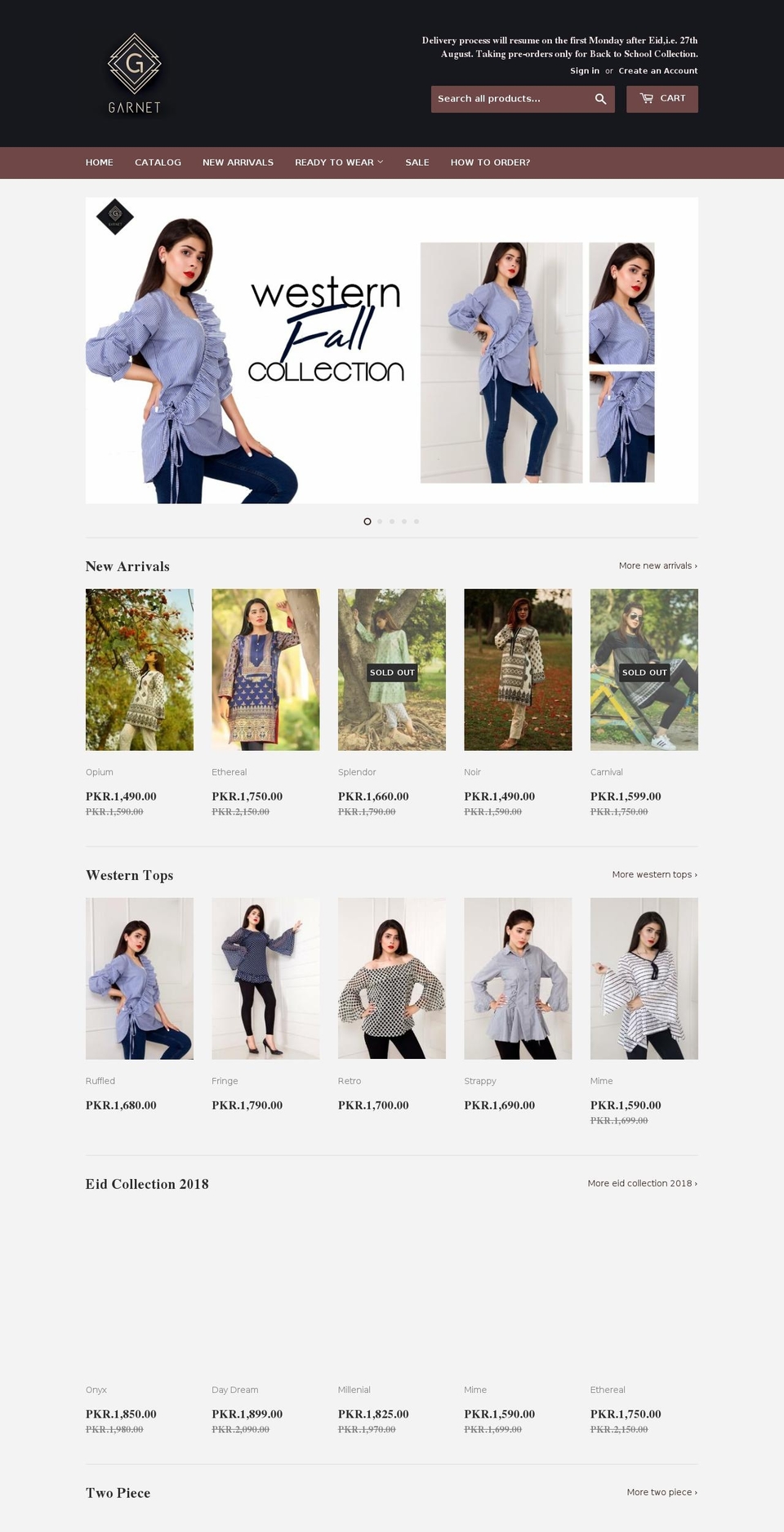garnetclothing.com — Shopify storefront screenshot