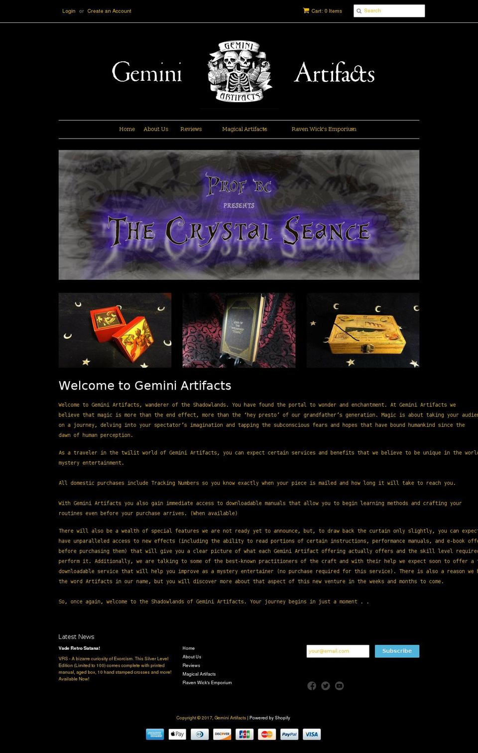 geminiartifacts.com shopify website screenshot