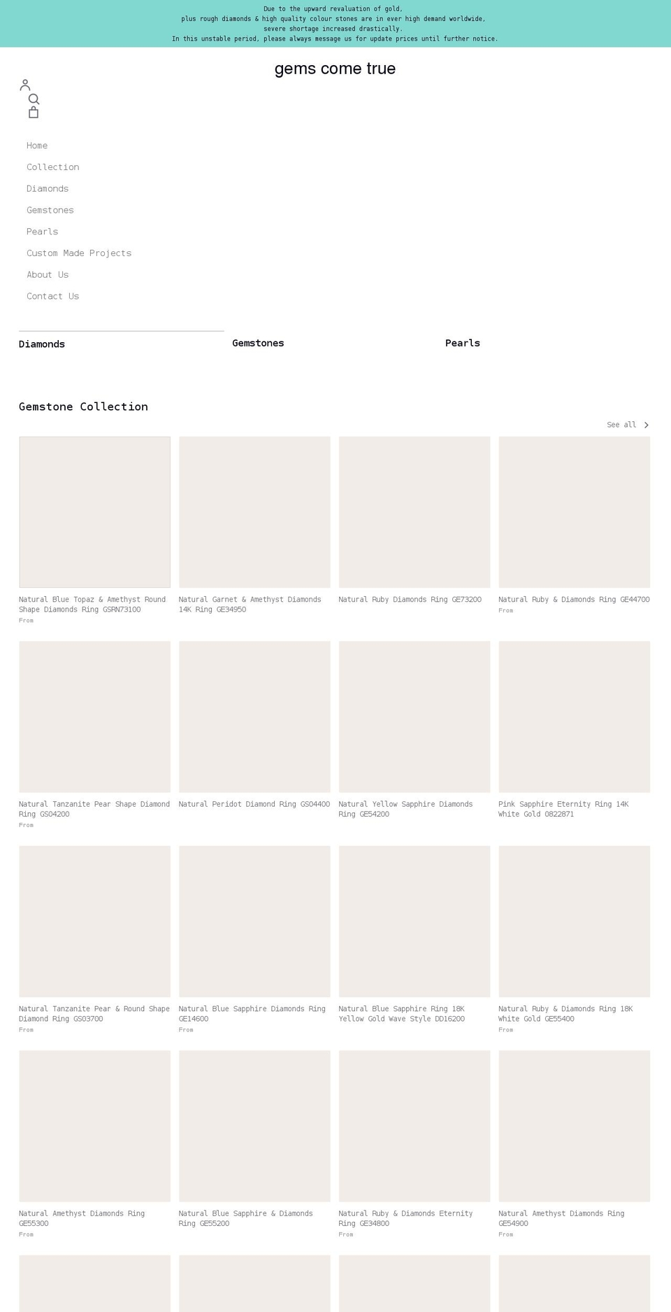 gemscometrue.com shopify website screenshot