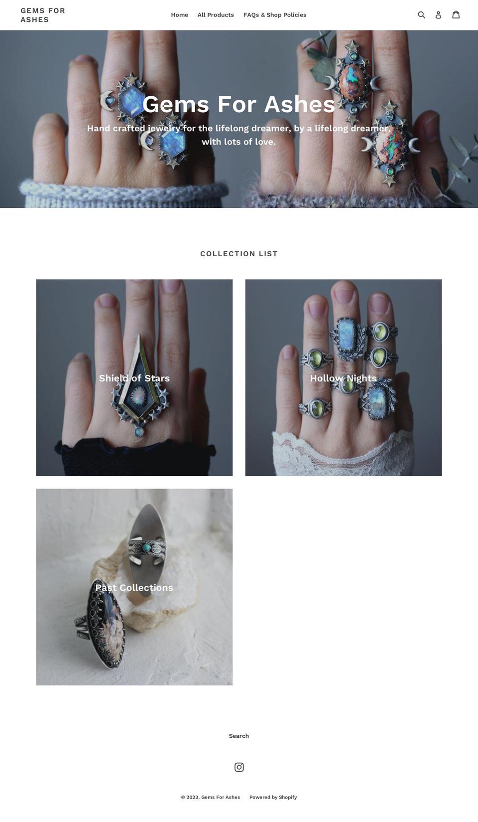 gemsforashes.com shopify website screenshot