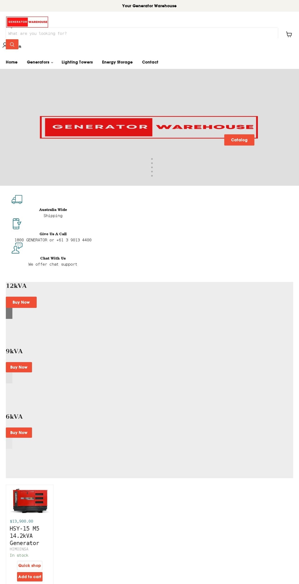 generatorwarehouse.com.au shopify website screenshot