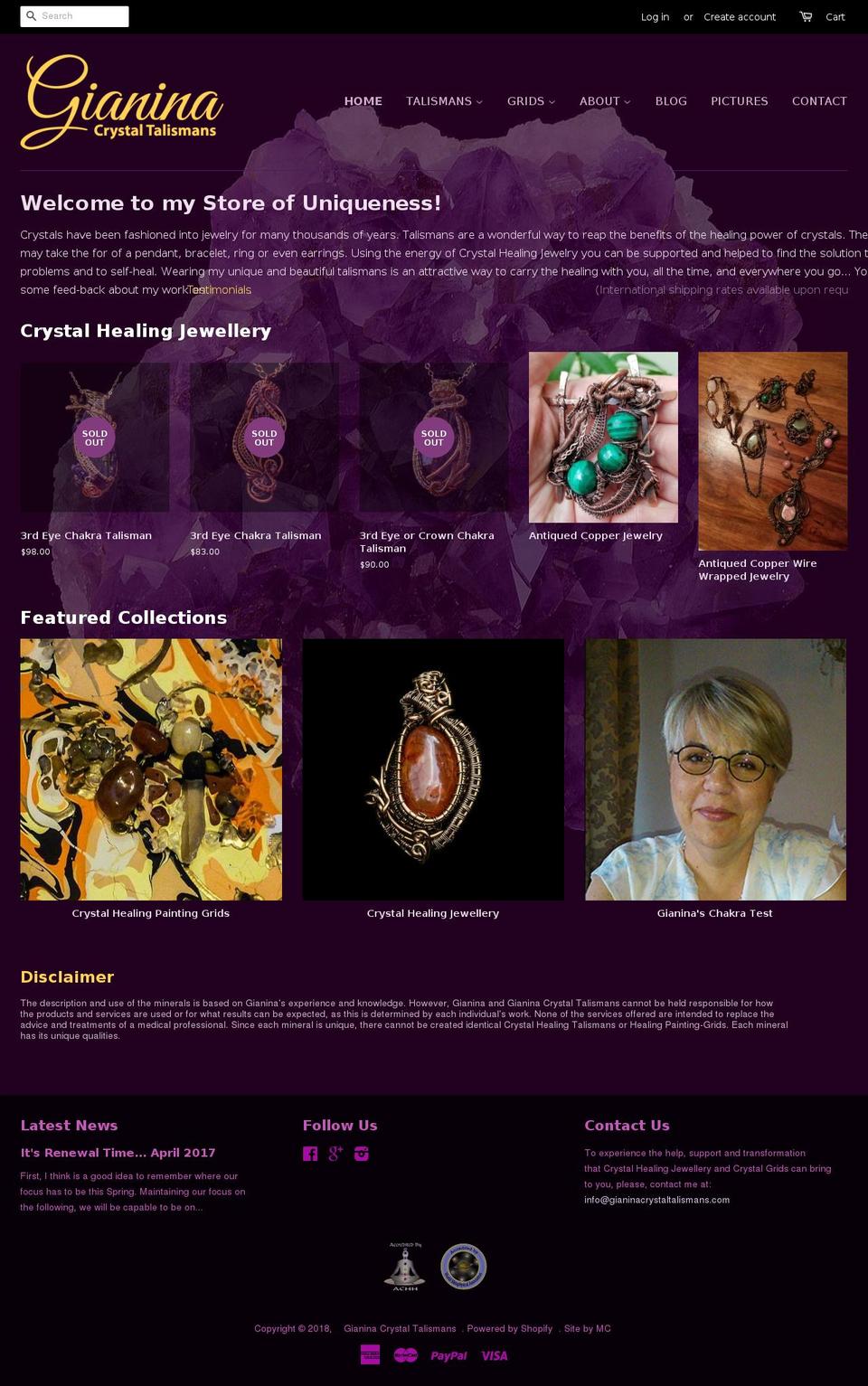 gianinacrystaltalismans.com — Shopify storefront screenshot