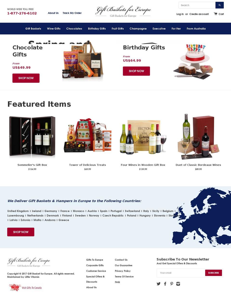 giftbasketsforeurope.com shopify website screenshot