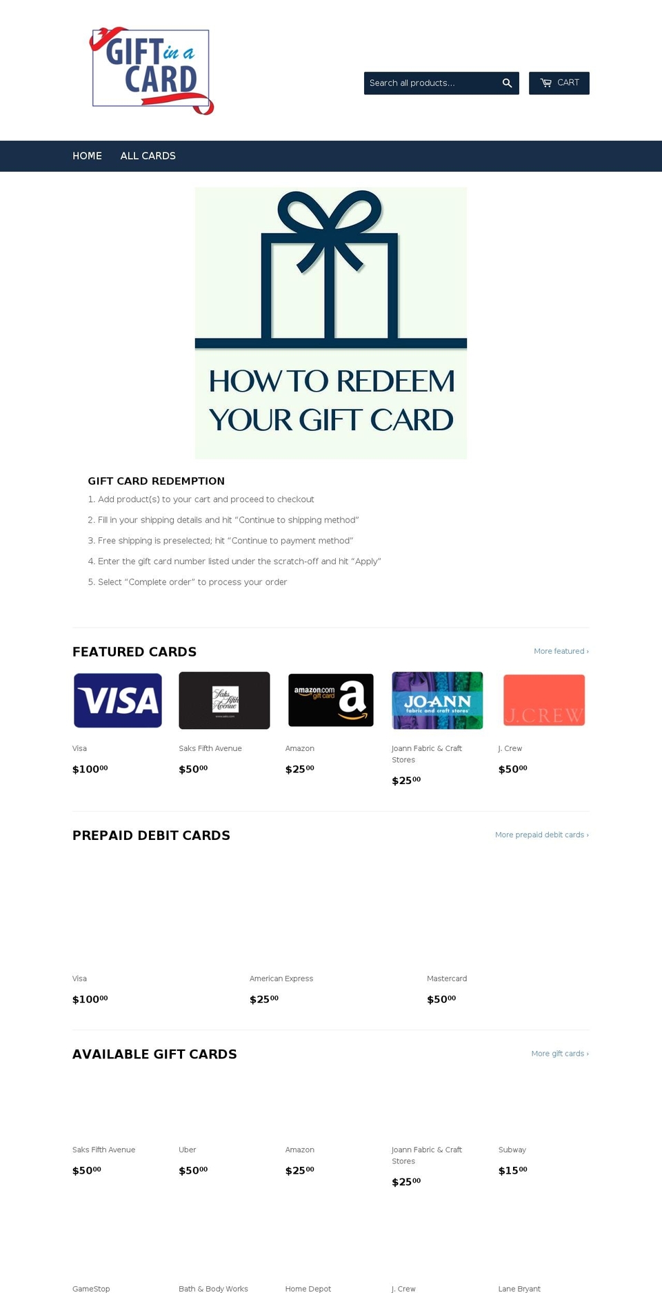 giftinacard.com — Shopify storefront screenshot