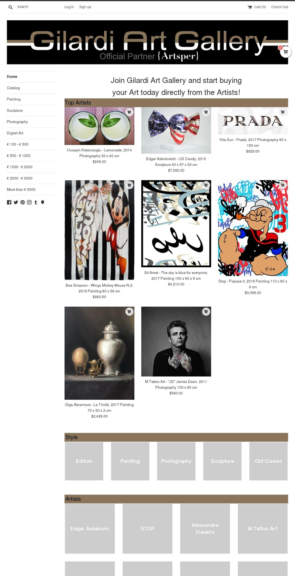gilardiartgallery.com — Shopify storefront screenshot