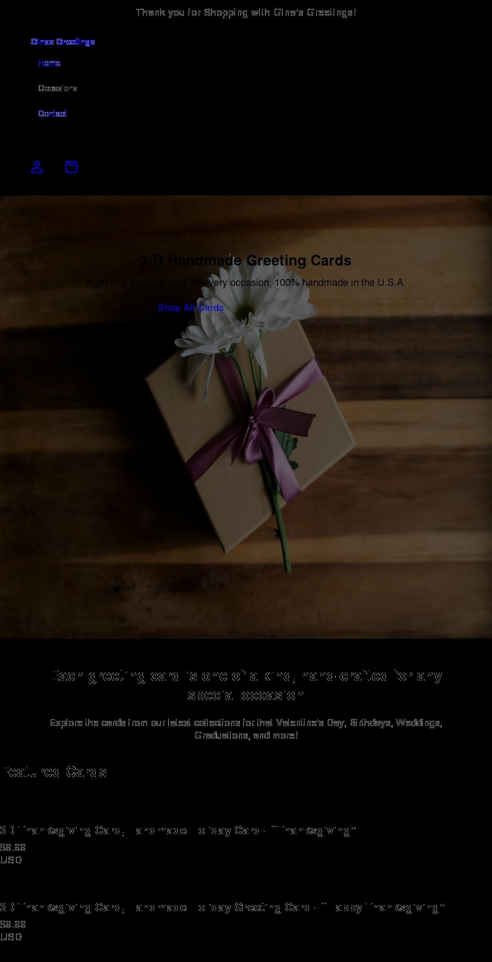 ginasgreetings.com shopify website screenshot