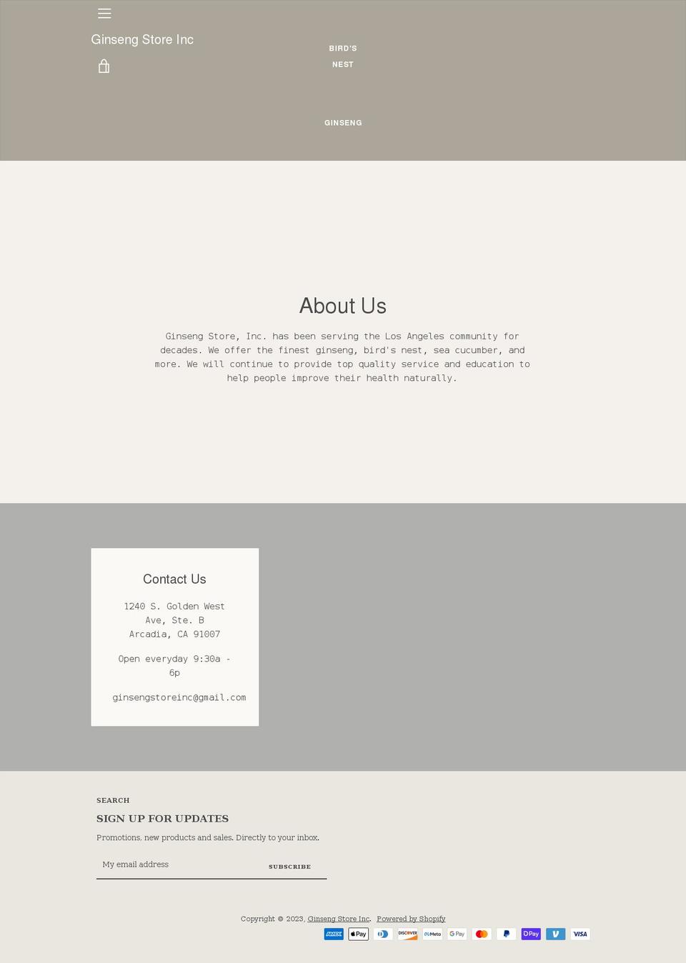 ginsengstoreinc.com shopify website screenshot