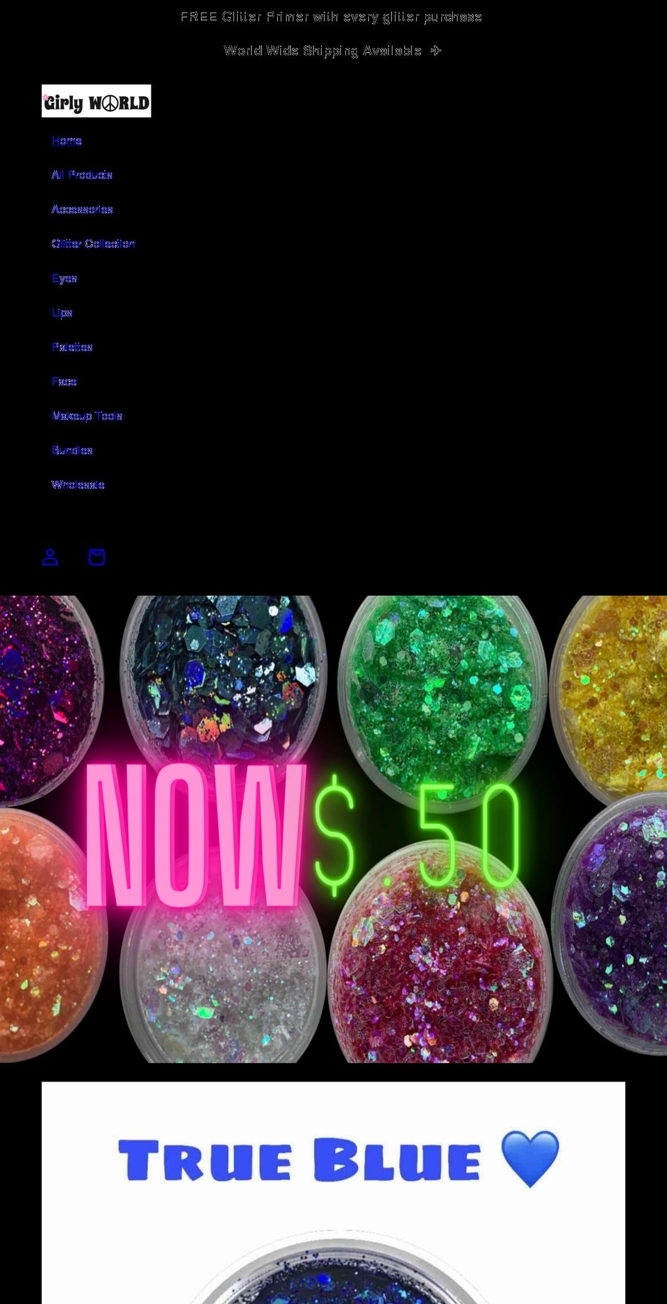 girlyworldcosmetics.com shopify website screenshot