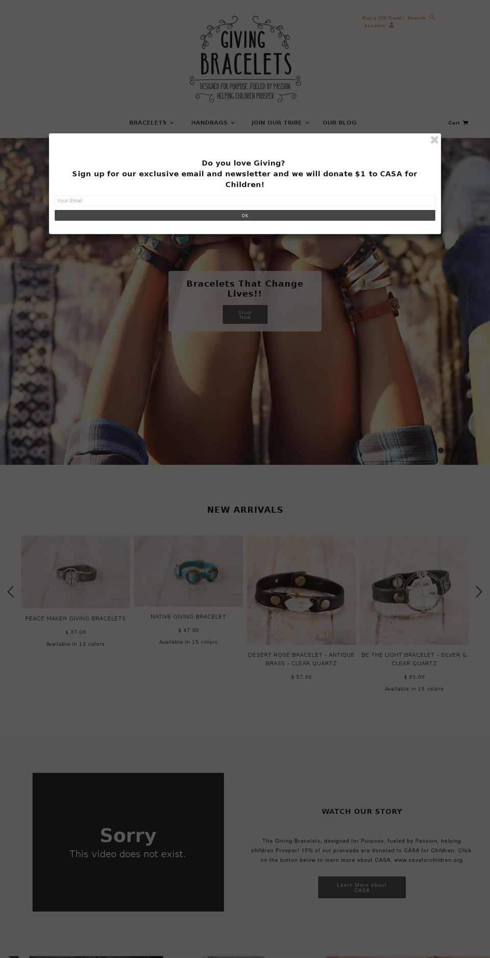 givingbracelets.com shopify website screenshot