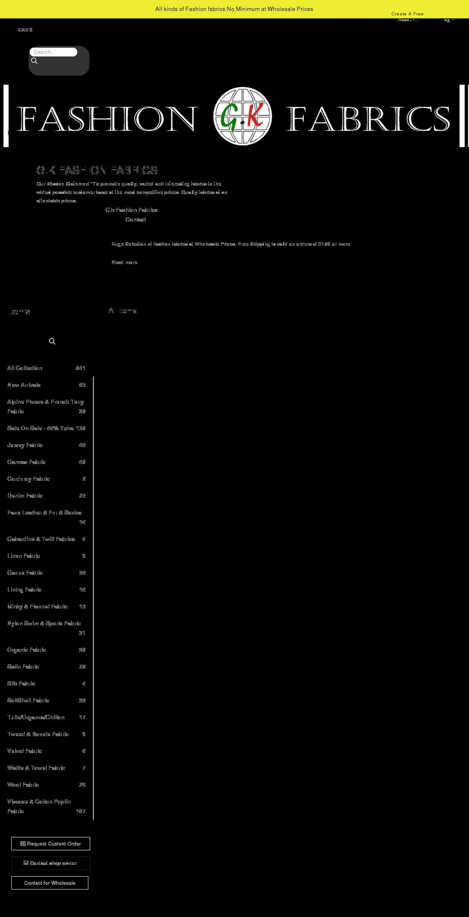 gkfashionfabrics.com shopify website screenshot