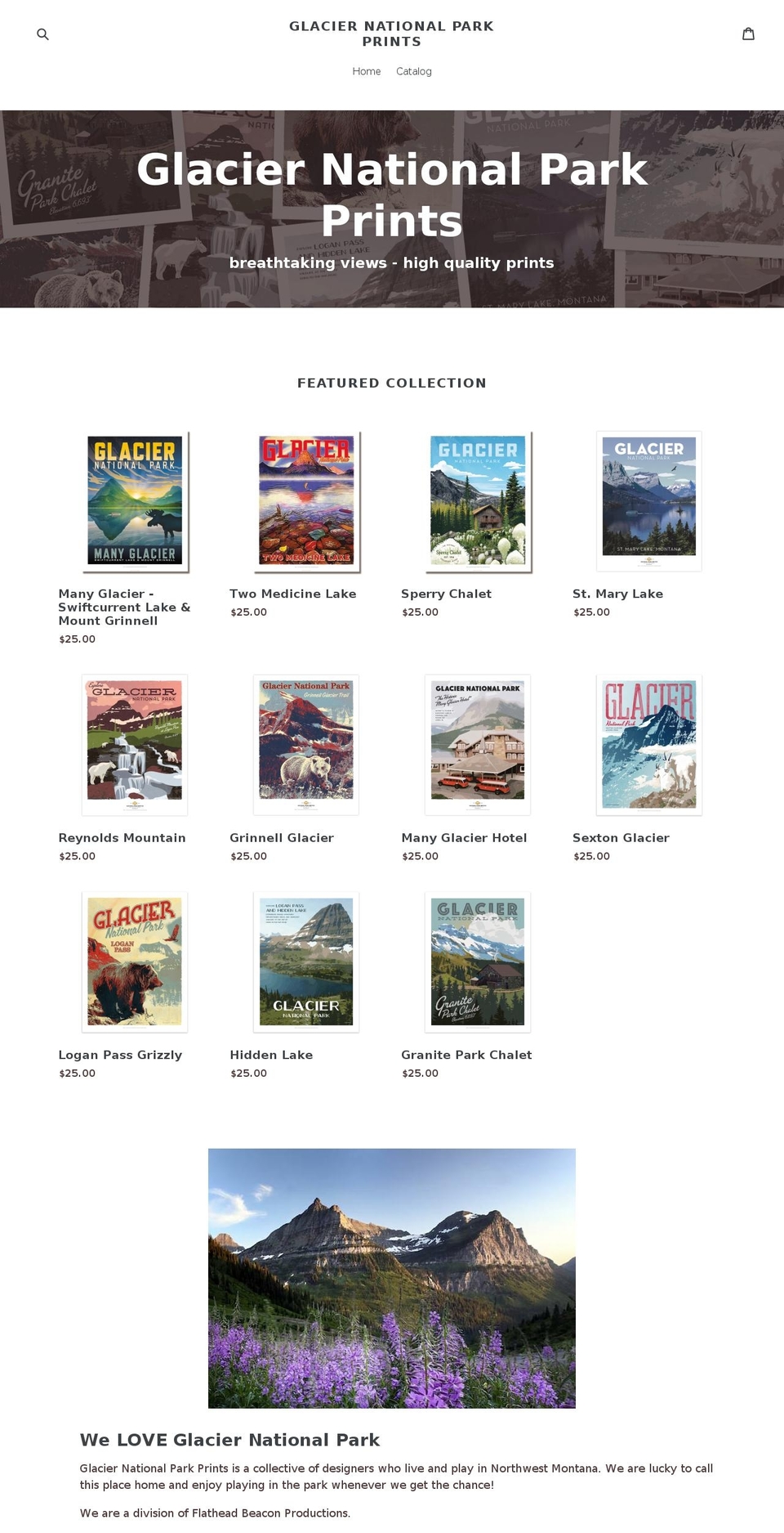 glaciernationalparkprints.com shopify website screenshot