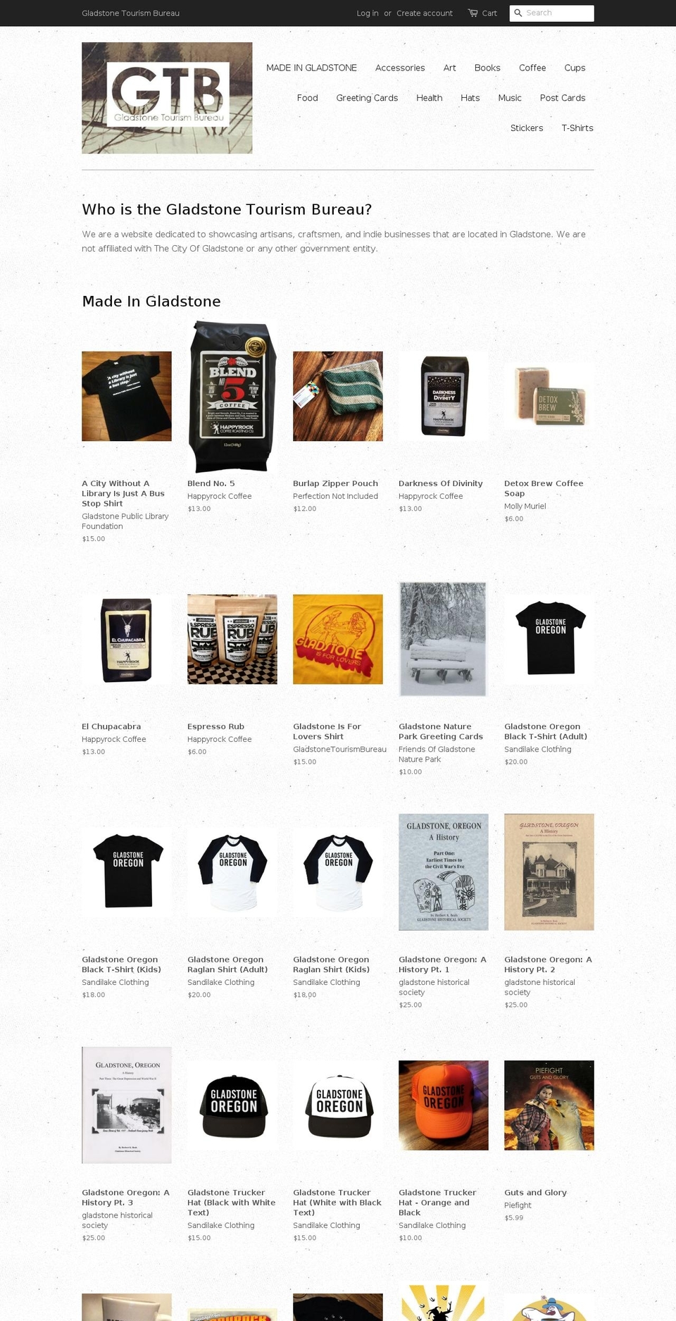 gladstonetourismbureau.com — Shopify storefront screenshot