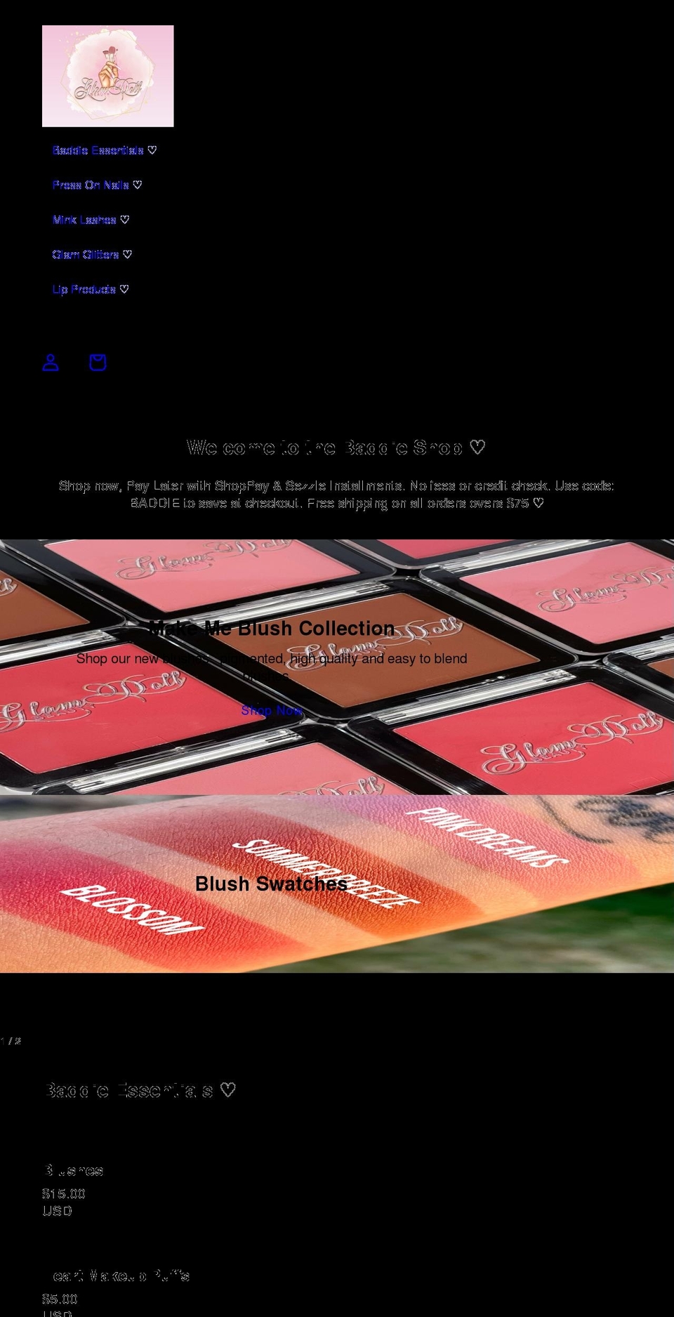 glamdollbeautyshop.com shopify website screenshot