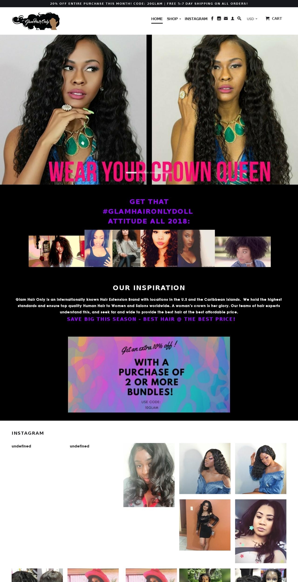 glamhaironly.com — Shopify storefront screenshot