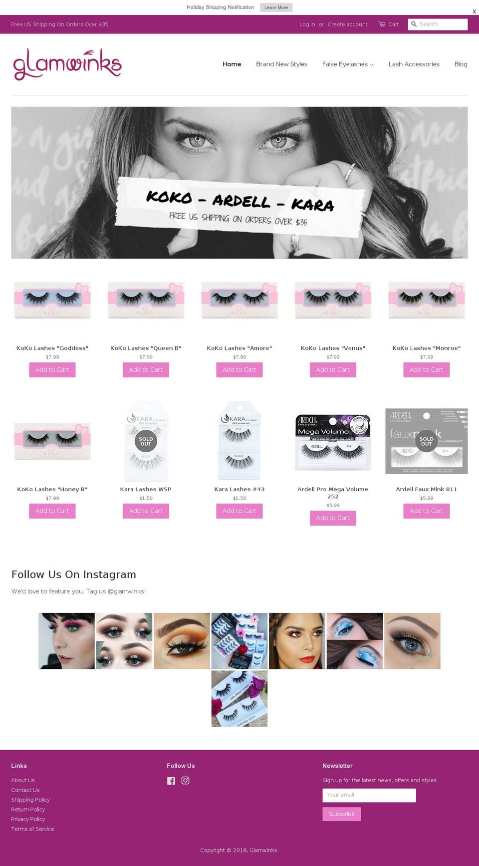 glamwinks.com shopify website screenshot