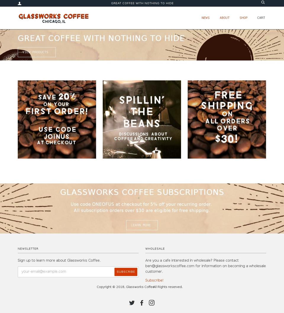 glassworkscoffee.com shopify website screenshot