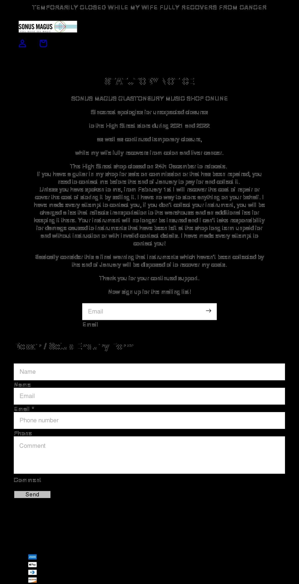 glastonburymusicshop.co.uk shopify website screenshot