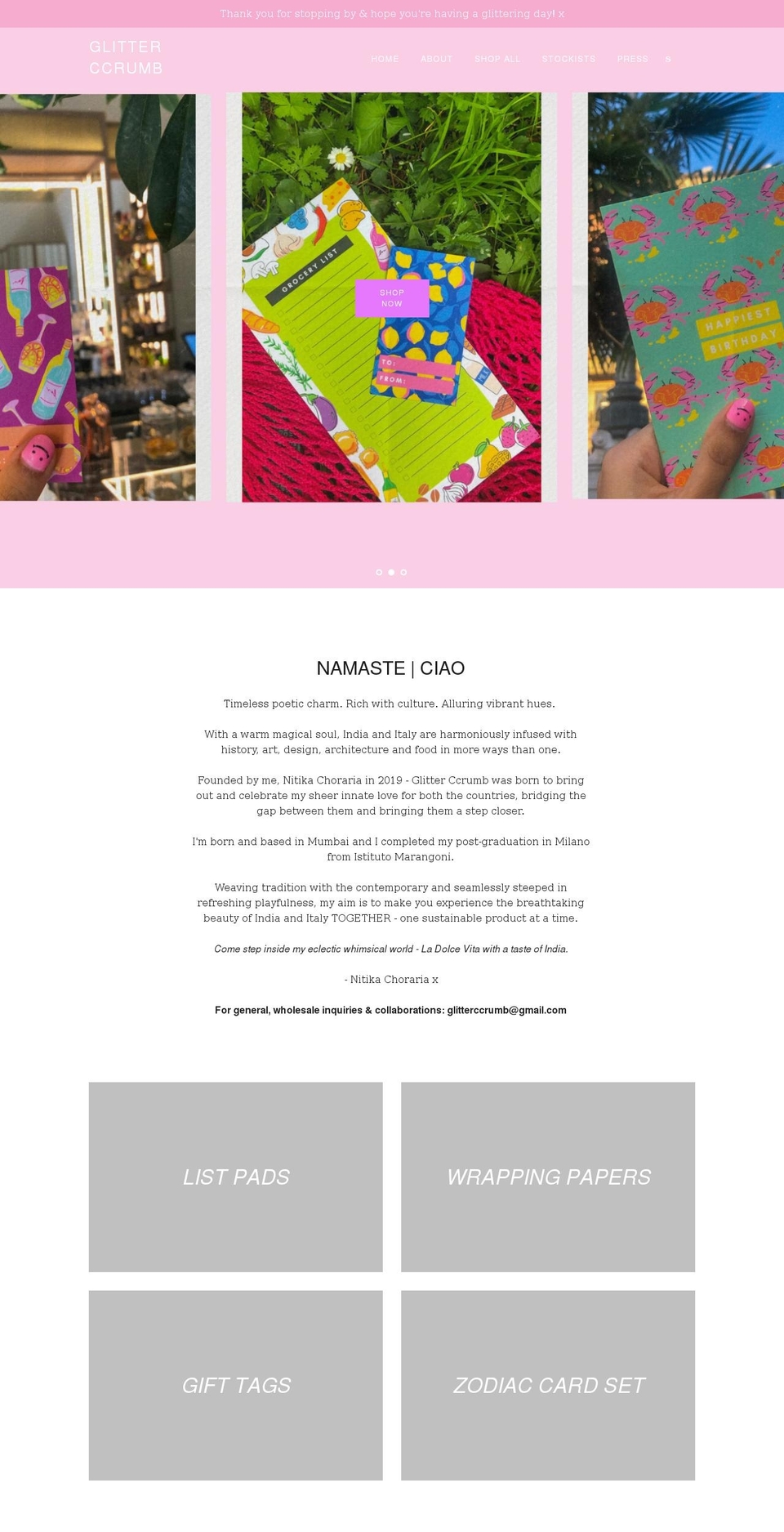 The Glitter Crumb Shopify theme site example glittercrumb.com