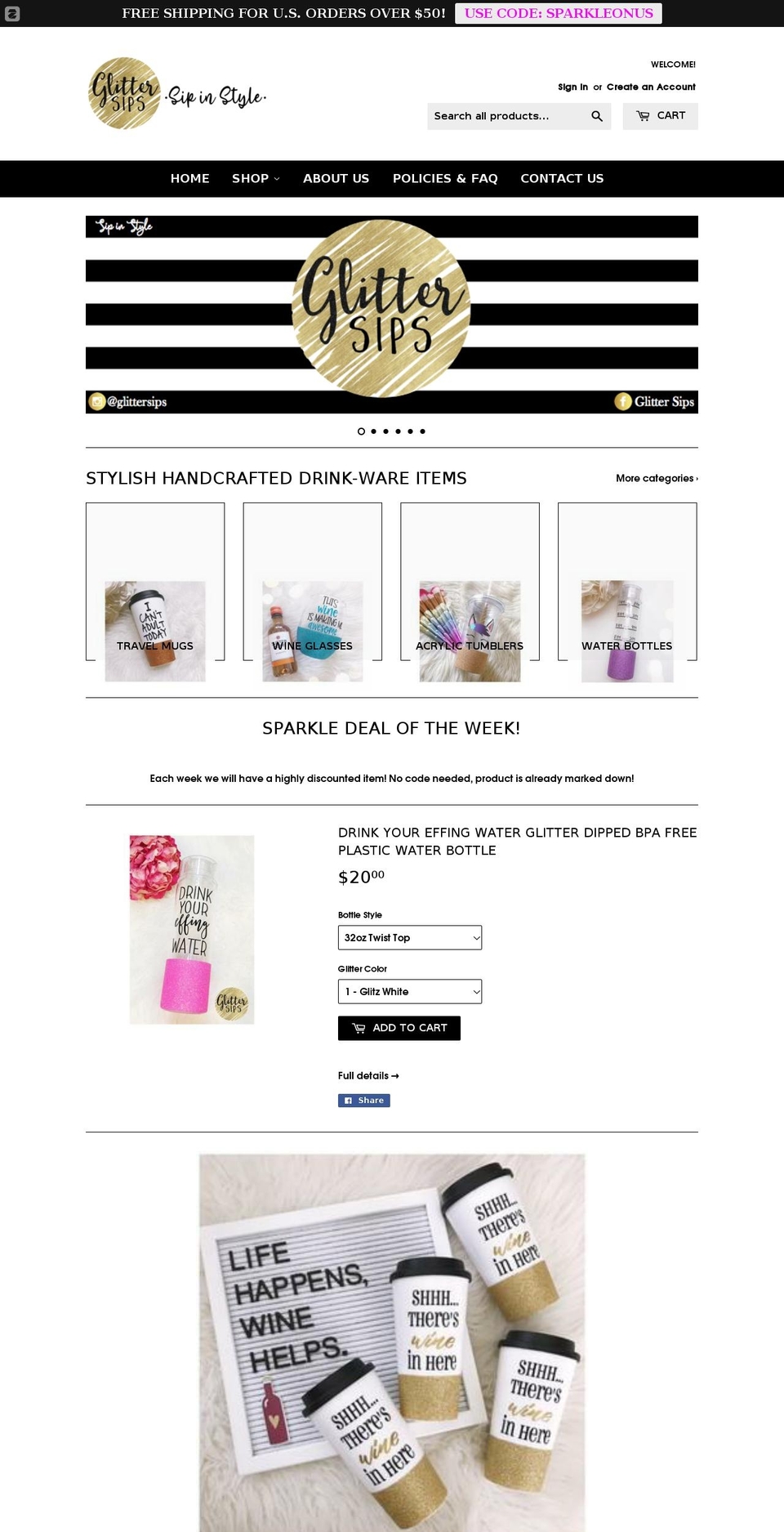 glittersips.net shopify website screenshot