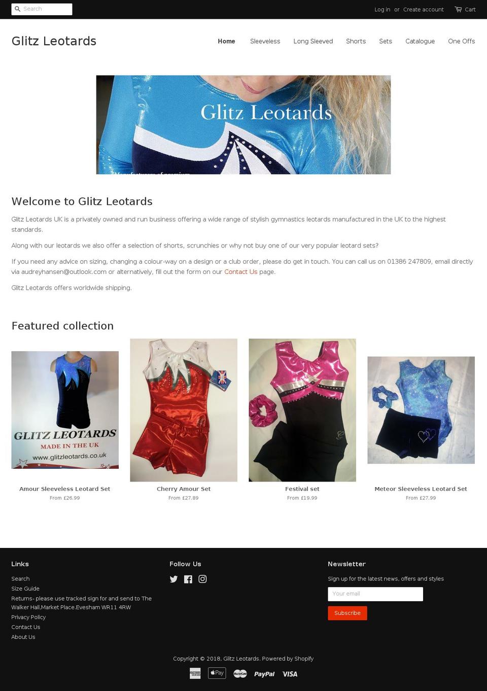 glitzleotards.com shopify website screenshot