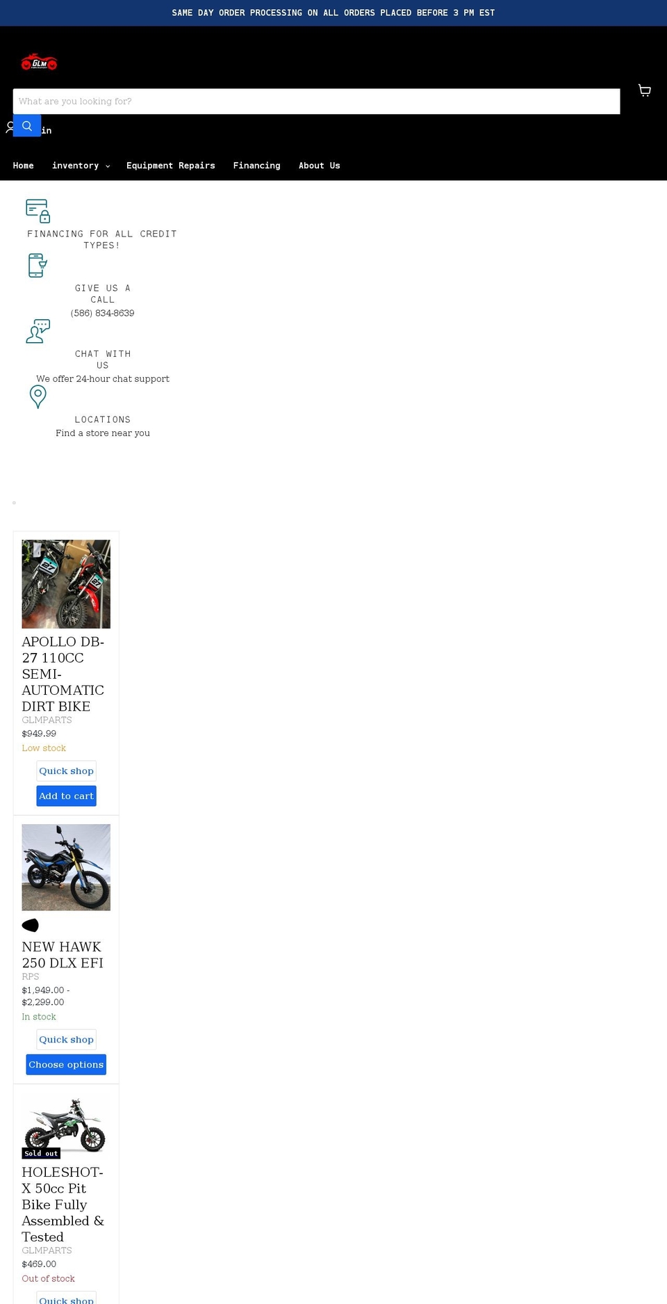 glmpowersportsparts.com shopify website screenshot