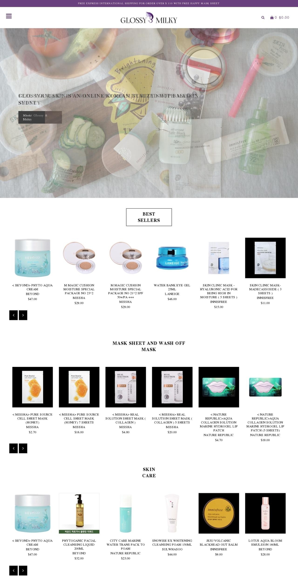 glossynmilky.com — Shopify storefront screenshot