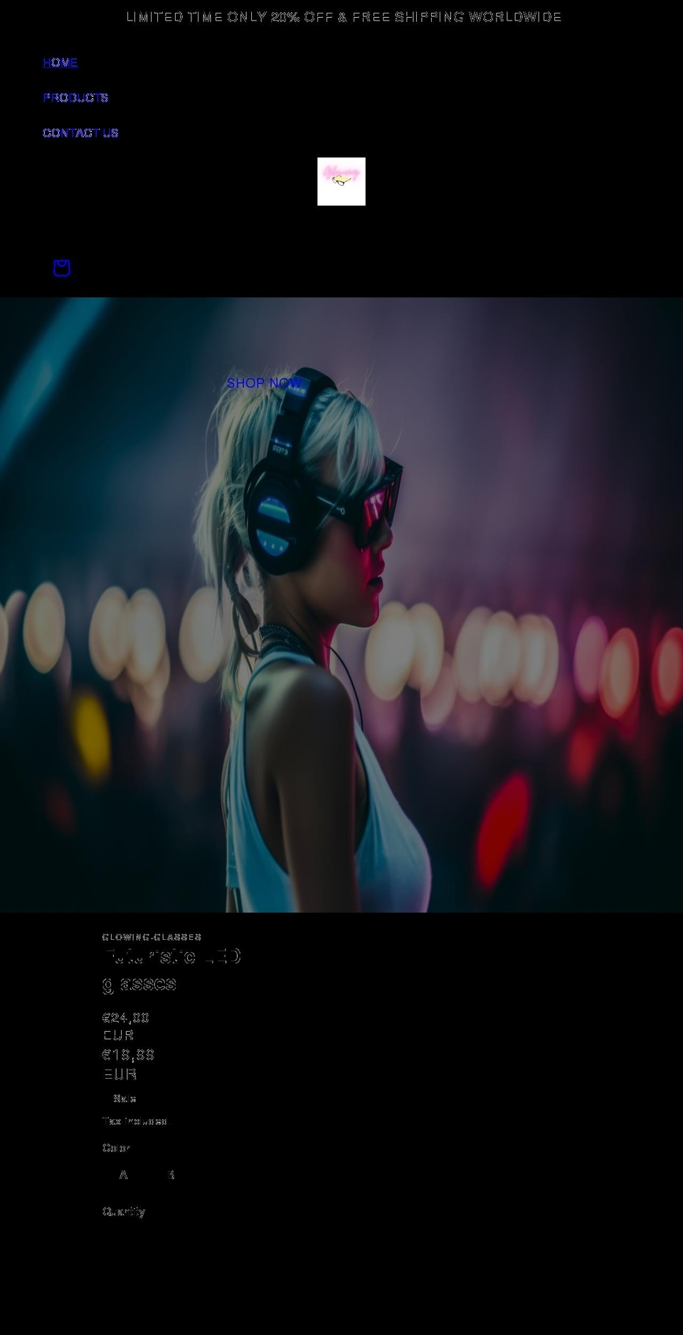 glowing-glasses.com shopify website screenshot