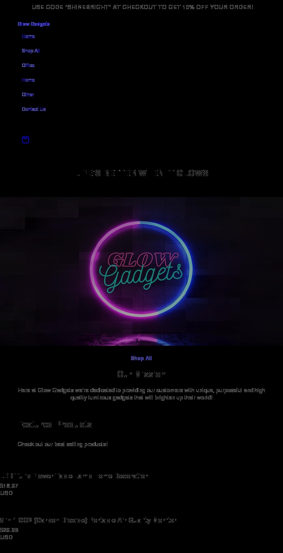 glowingadgets.com shopify website screenshot