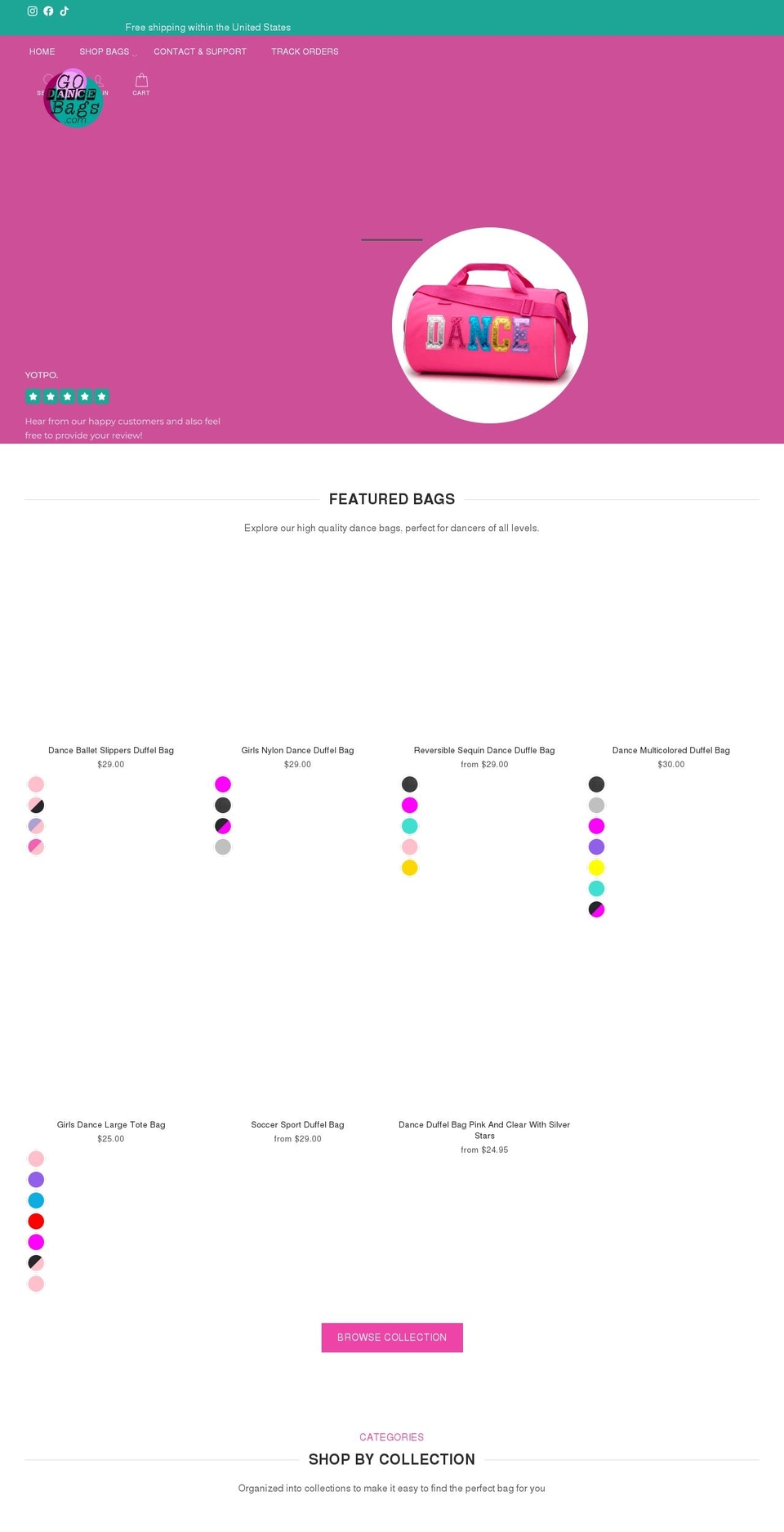 godancebags.com shopify website screenshot