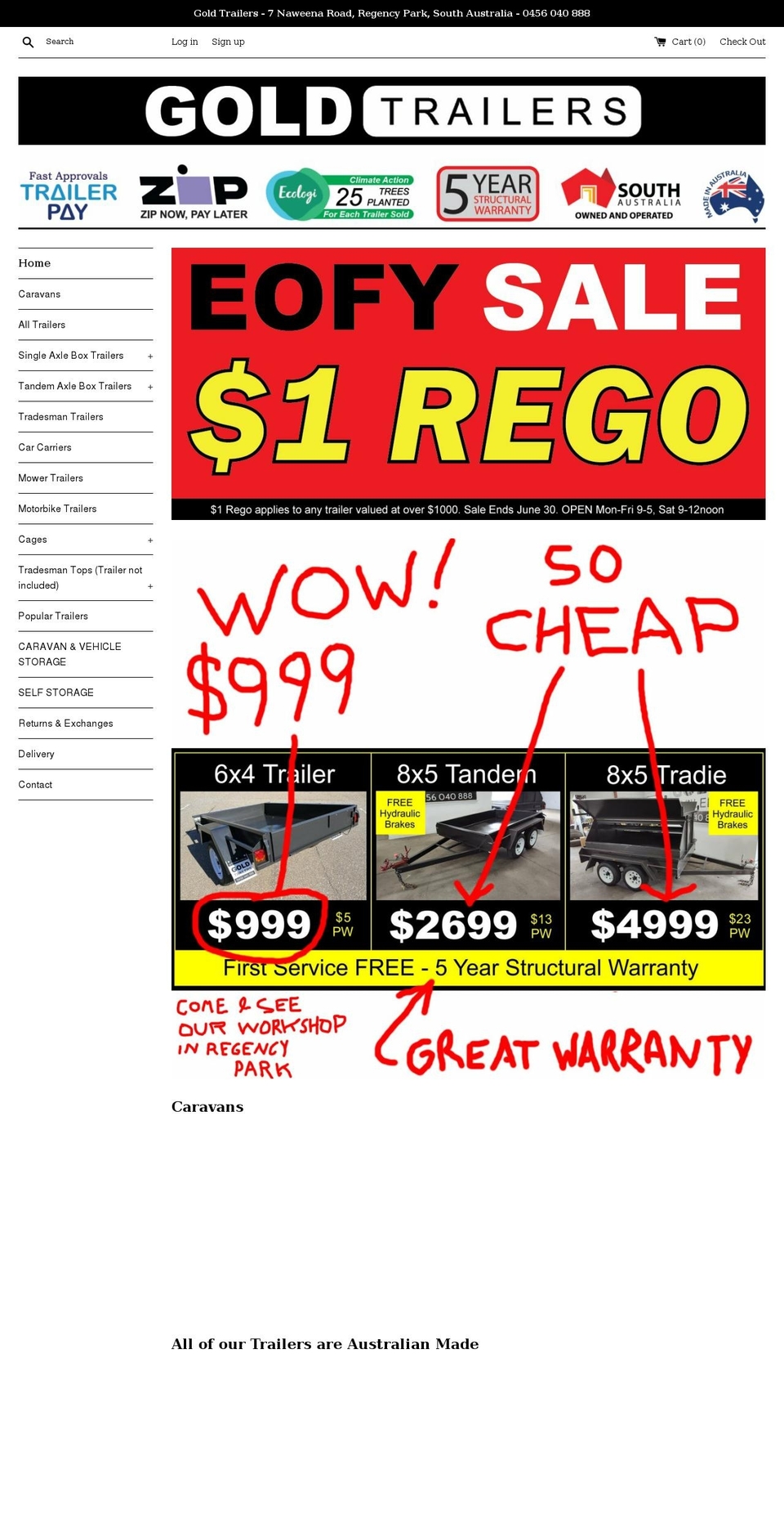 goldtrailers.com.au shopify website screenshot