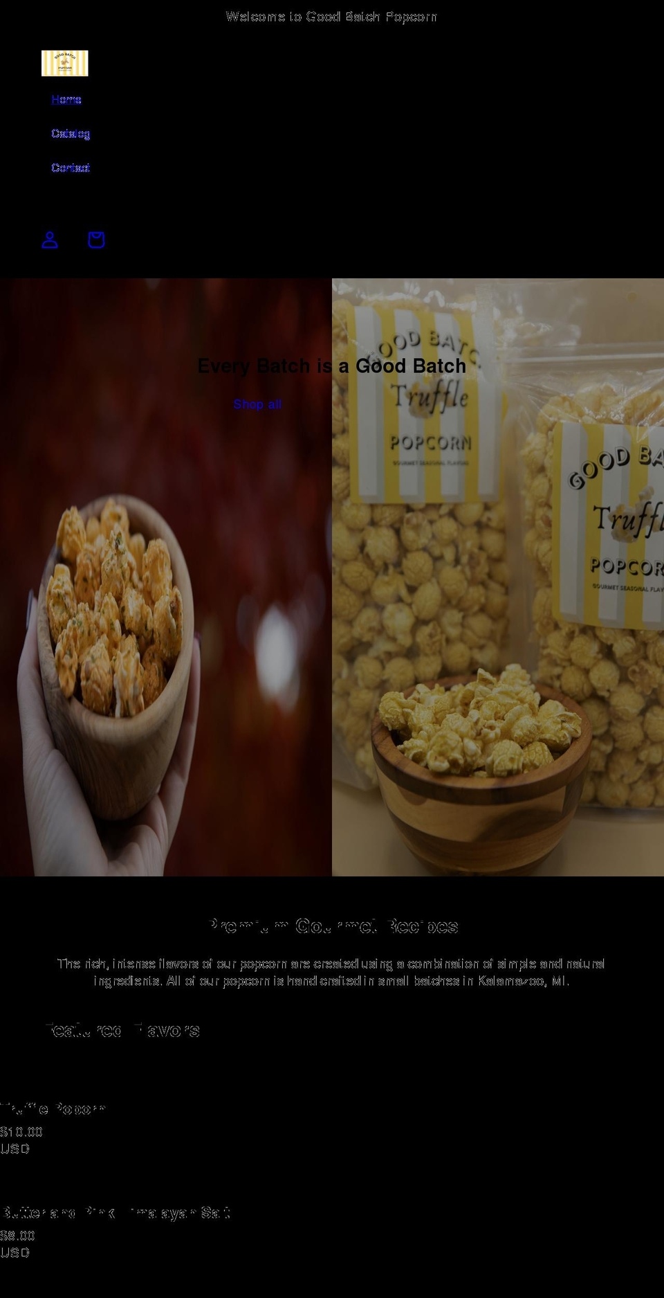 goodbatchpopcorn.com shopify website screenshot