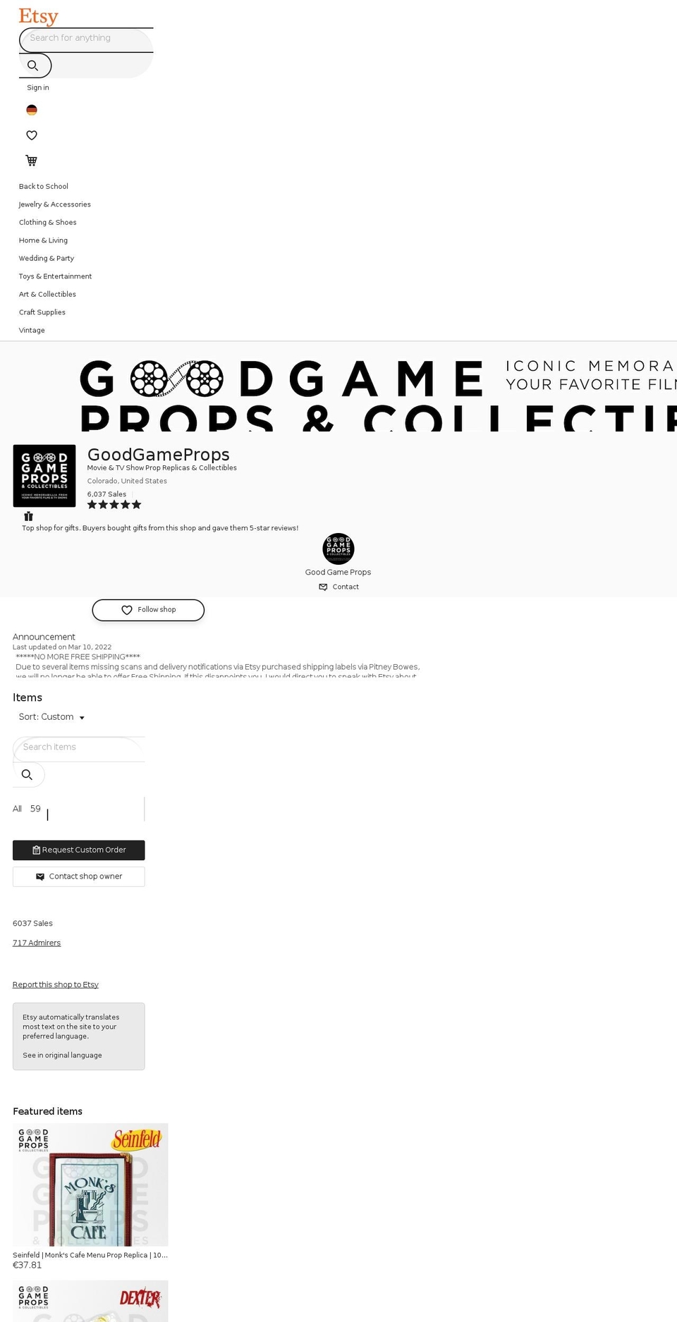 goodgameprops.com shopify website screenshot