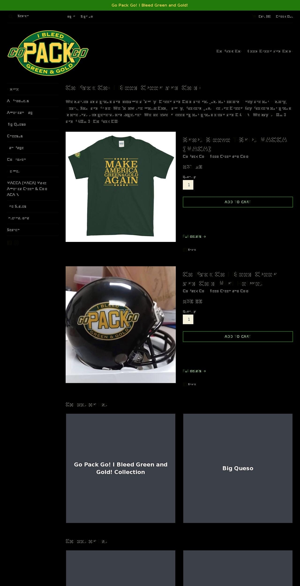 gopackgoibleedgreenandgold.com shopify website screenshot