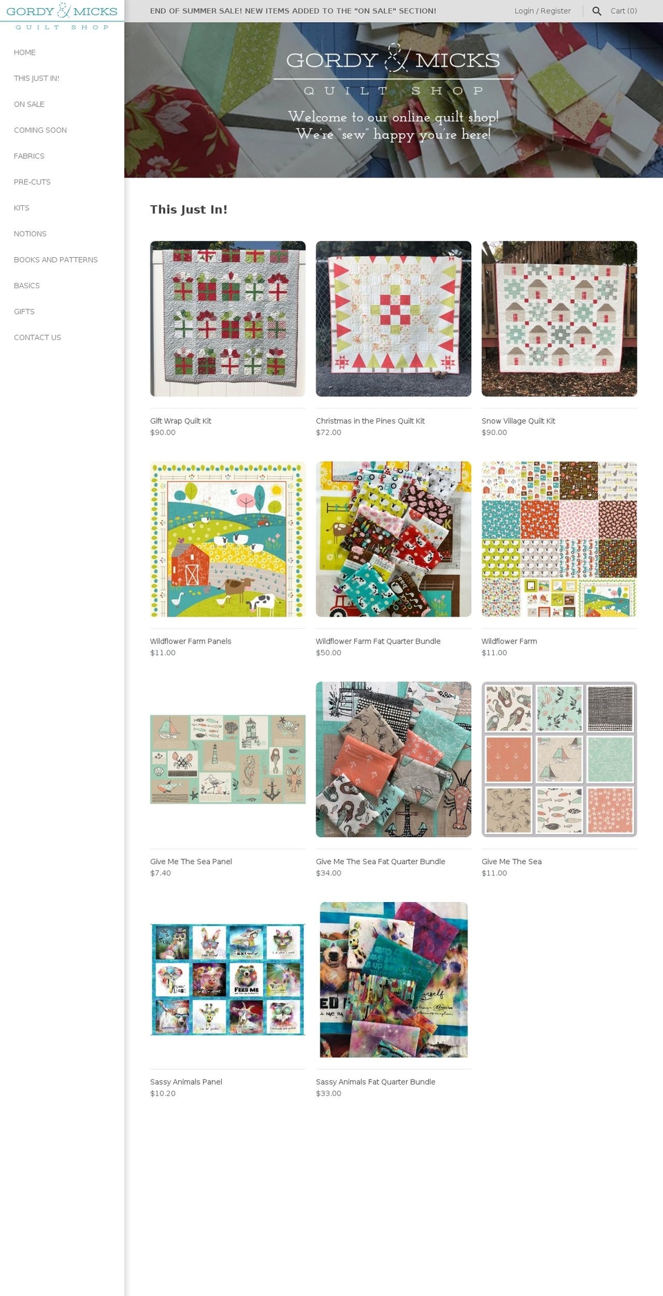 gordyandmicksquiltshop.com — Shopify storefront screenshot