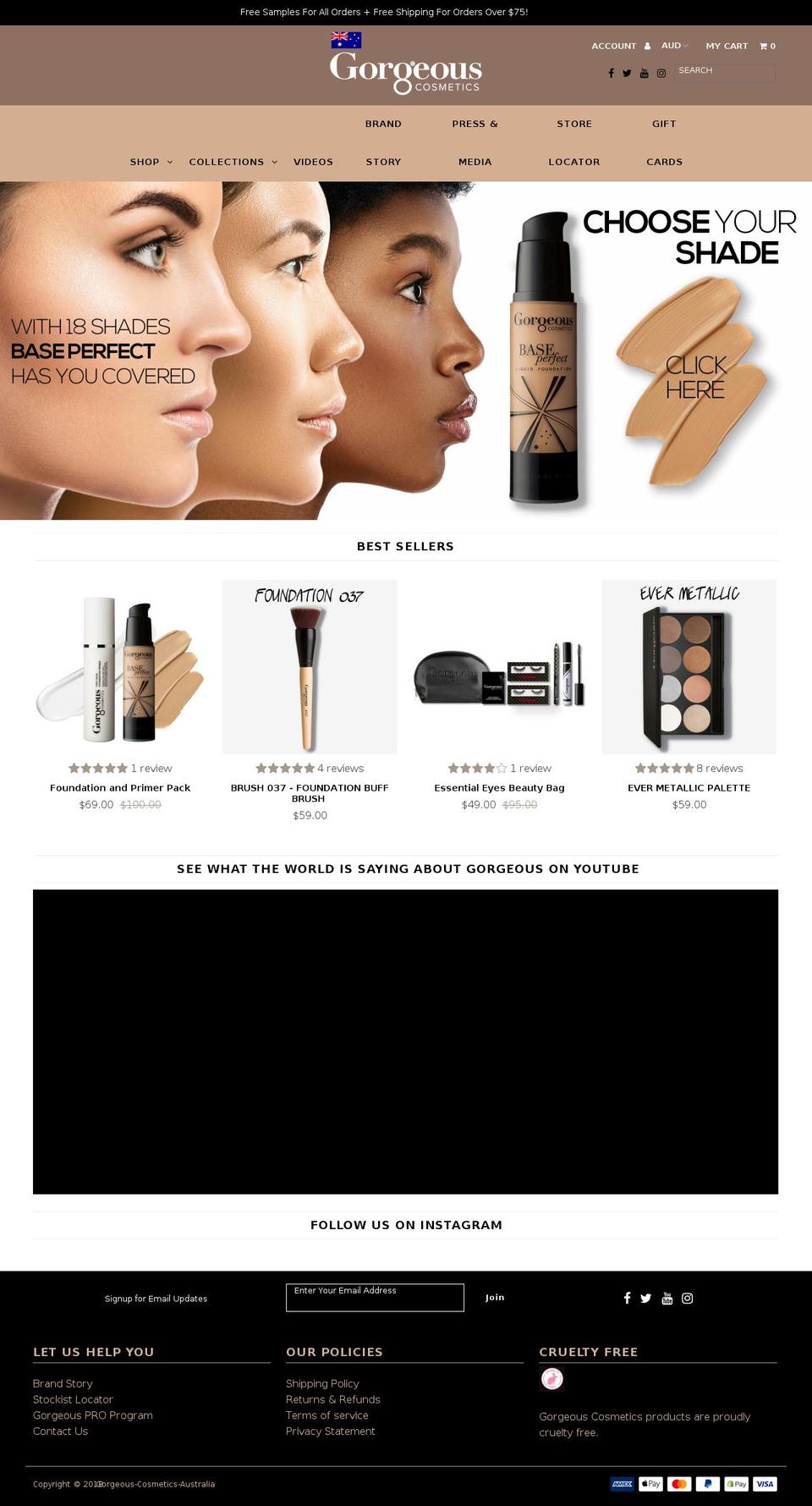 gorgeouscosmetics.com.au shopify website screenshot