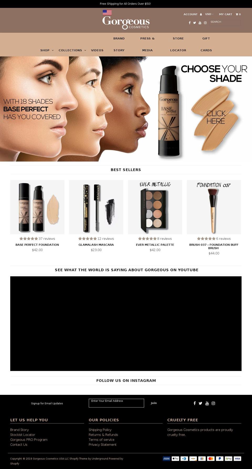 gorgeouscosmetics.net shopify website screenshot