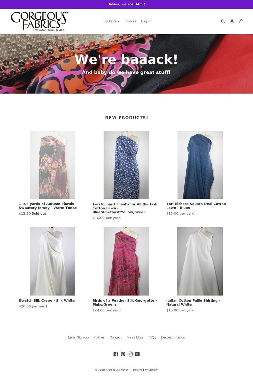 gorgeousfabrics.com — Shopify storefront screenshot