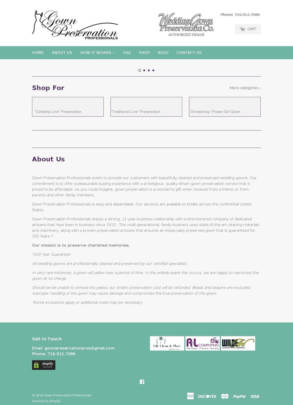 gownpreservationpros.com — Shopify storefront screenshot