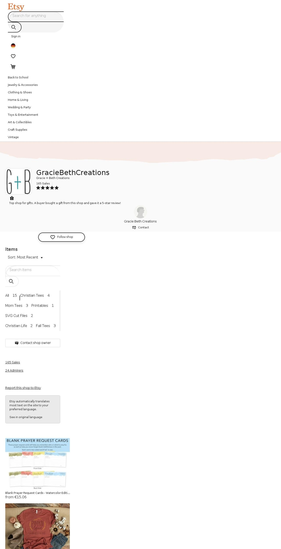 graciebethcreations.com — Shopify storefront screenshot