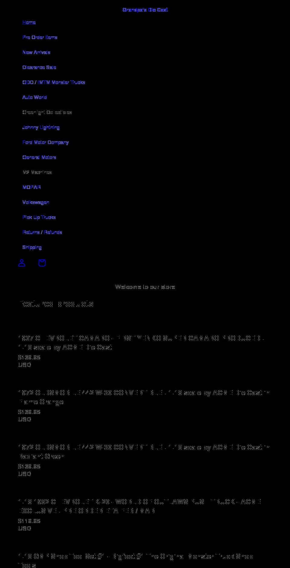grandpasdiecast.com — Shopify storefront screenshot
