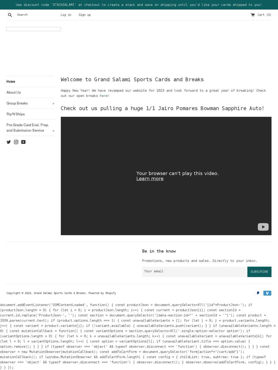 grandsalamisportscards.com shopify website screenshot