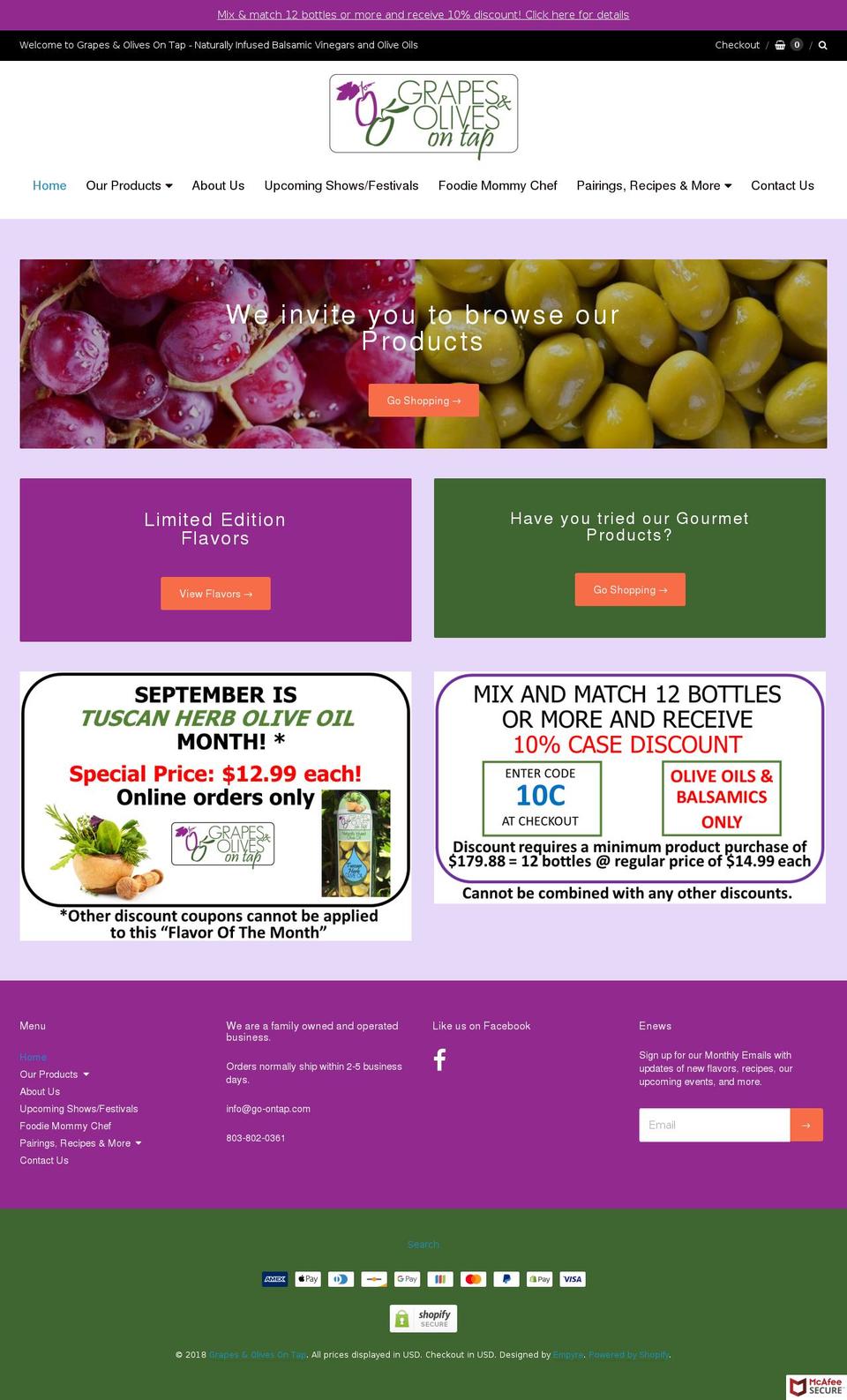 grapesandolivesontap.com — Shopify storefront screenshot