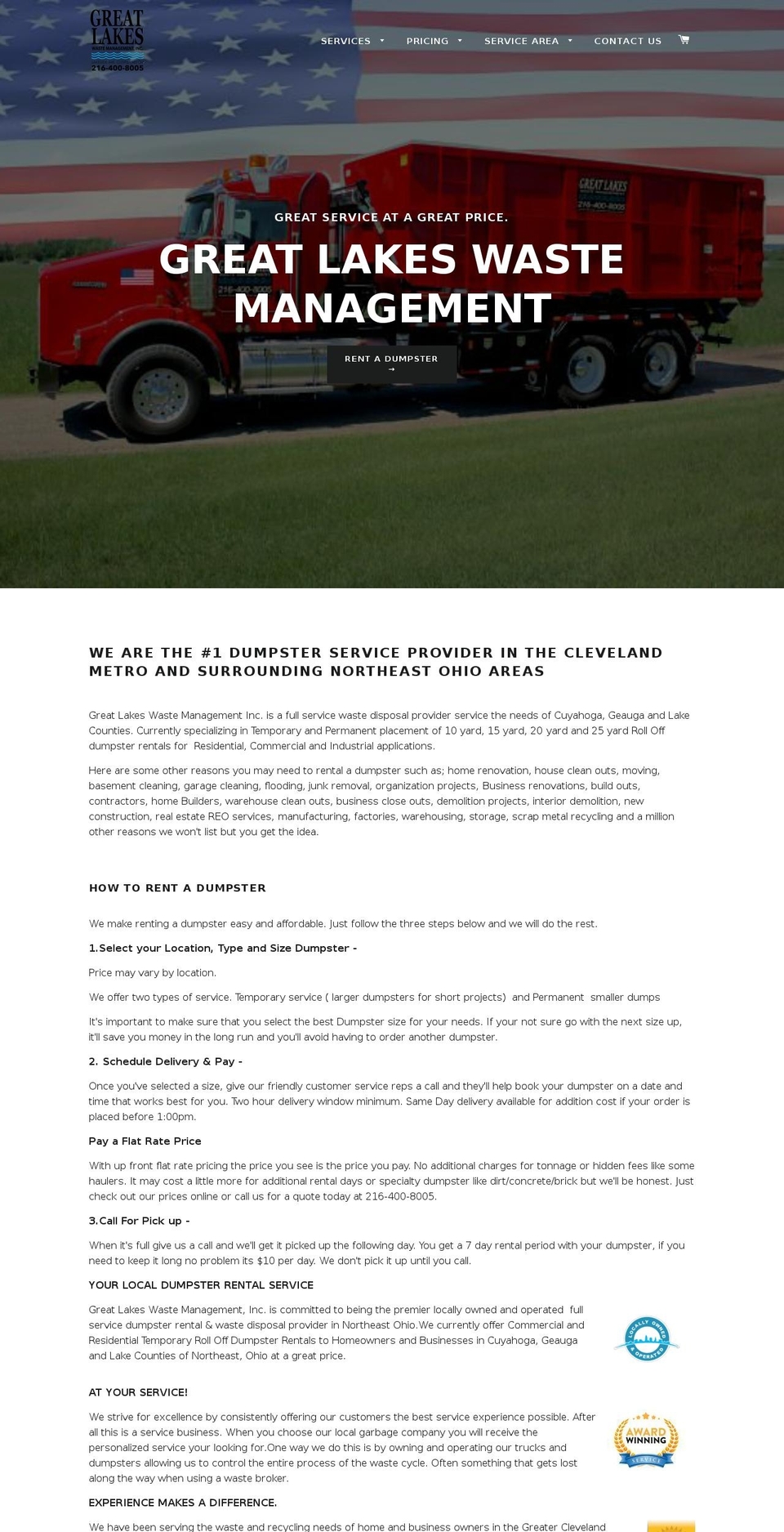 greatlakesdumpster.com — Shopify storefront screenshot