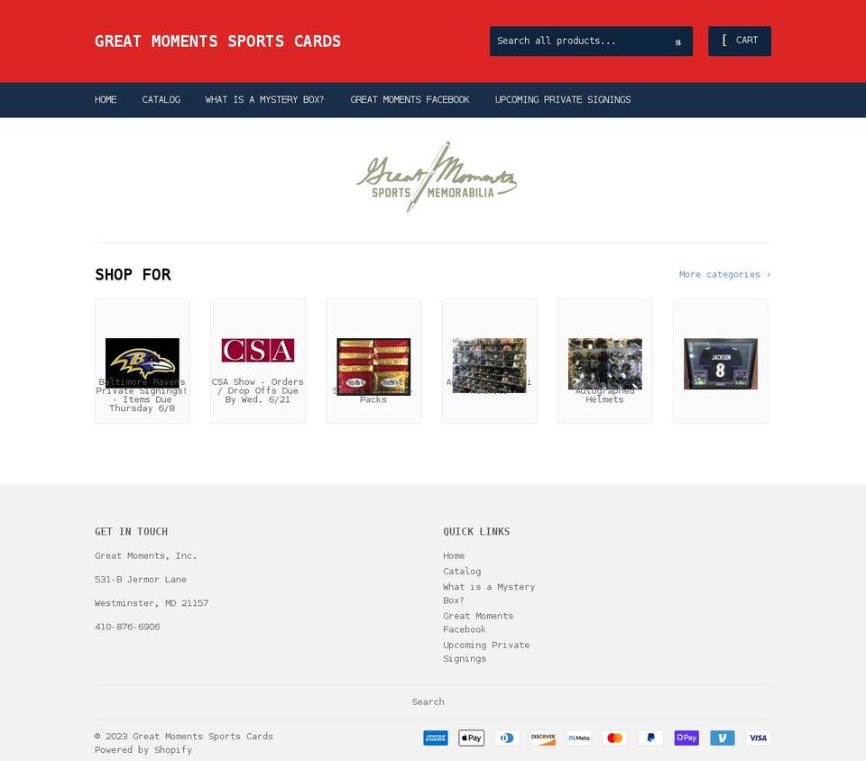 greatmomentssportscards.com — Shopify storefront screenshot